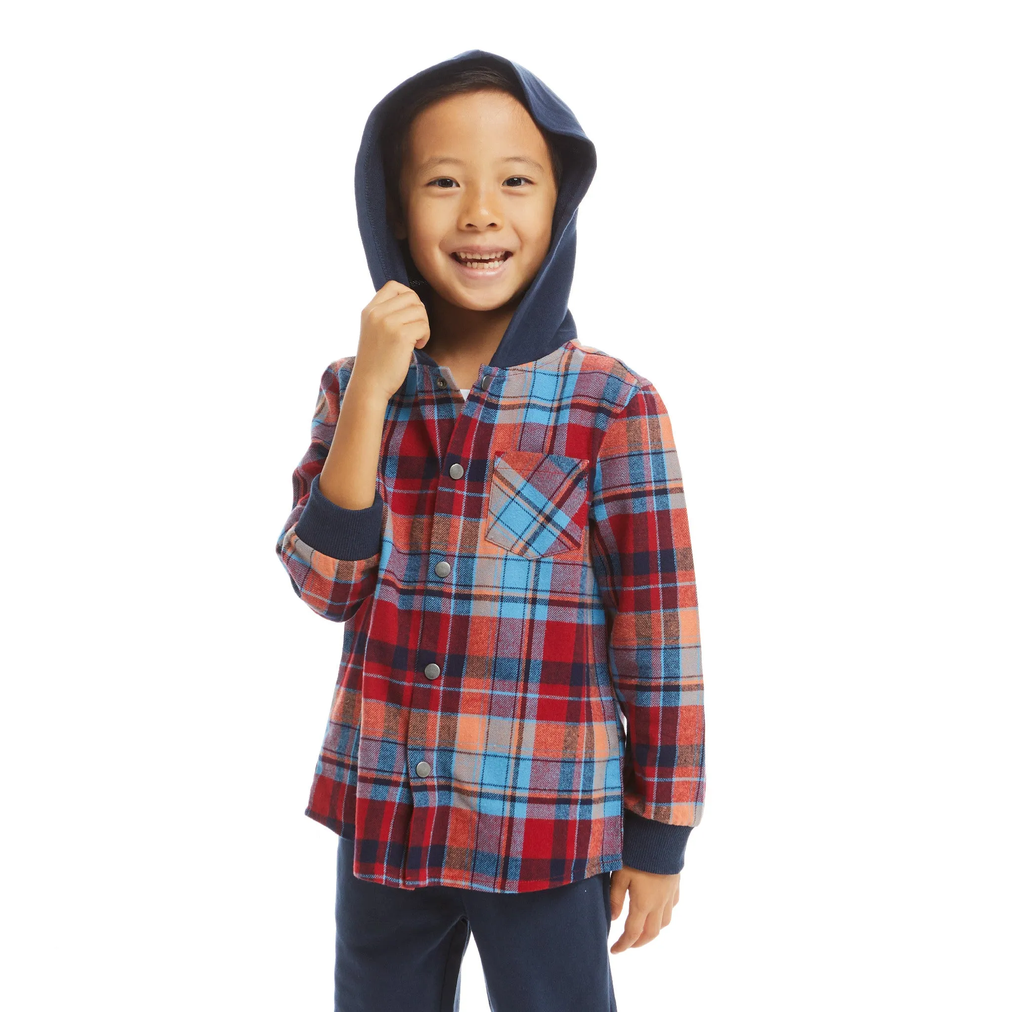 Navy & Red Plaid Hooded Flannel Buttondown Set  | Navy & Red