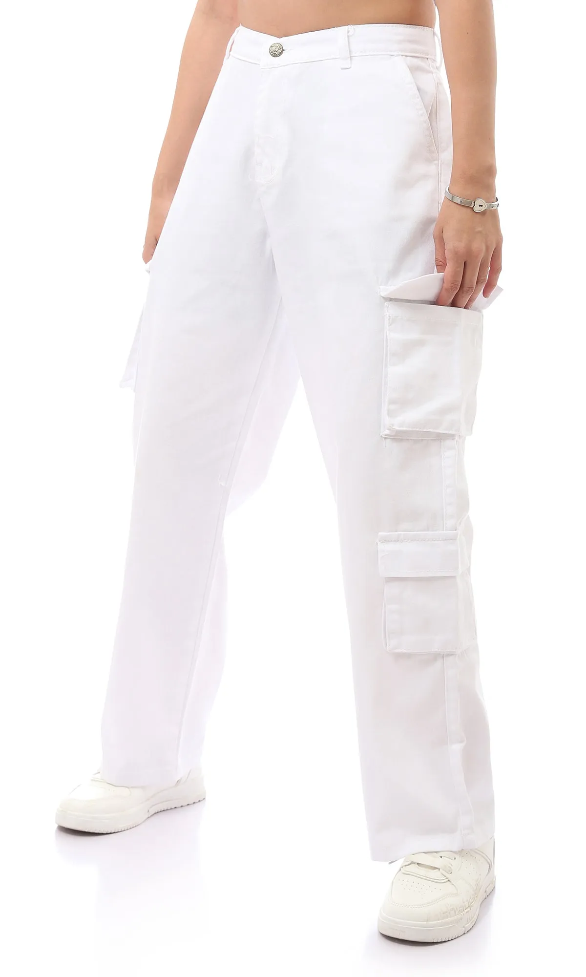 O169943 White Cotton Solid Fly Zip Buttoned Trousers