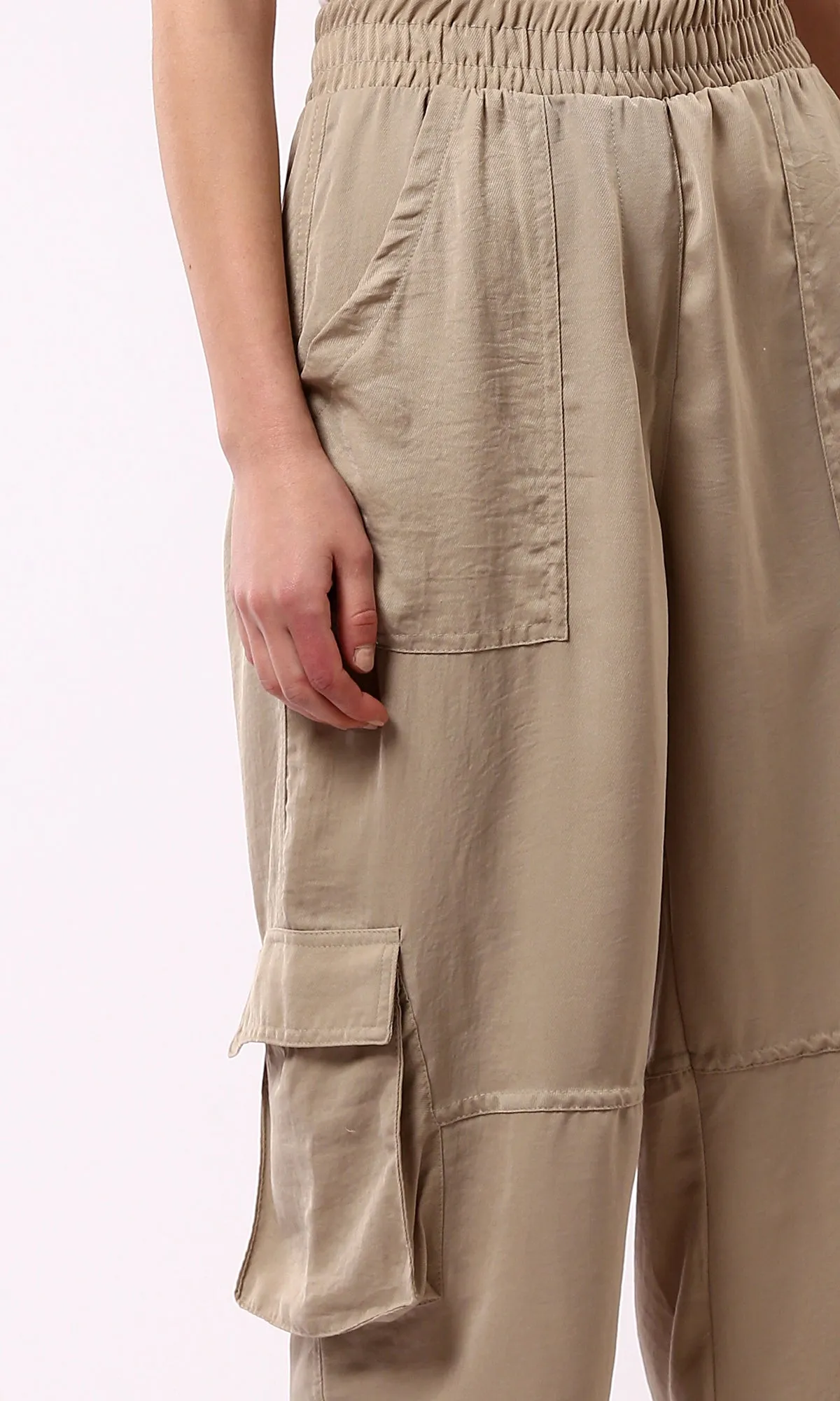 O179137 Wide Elastic Waist Dark Beige Jogger Pants