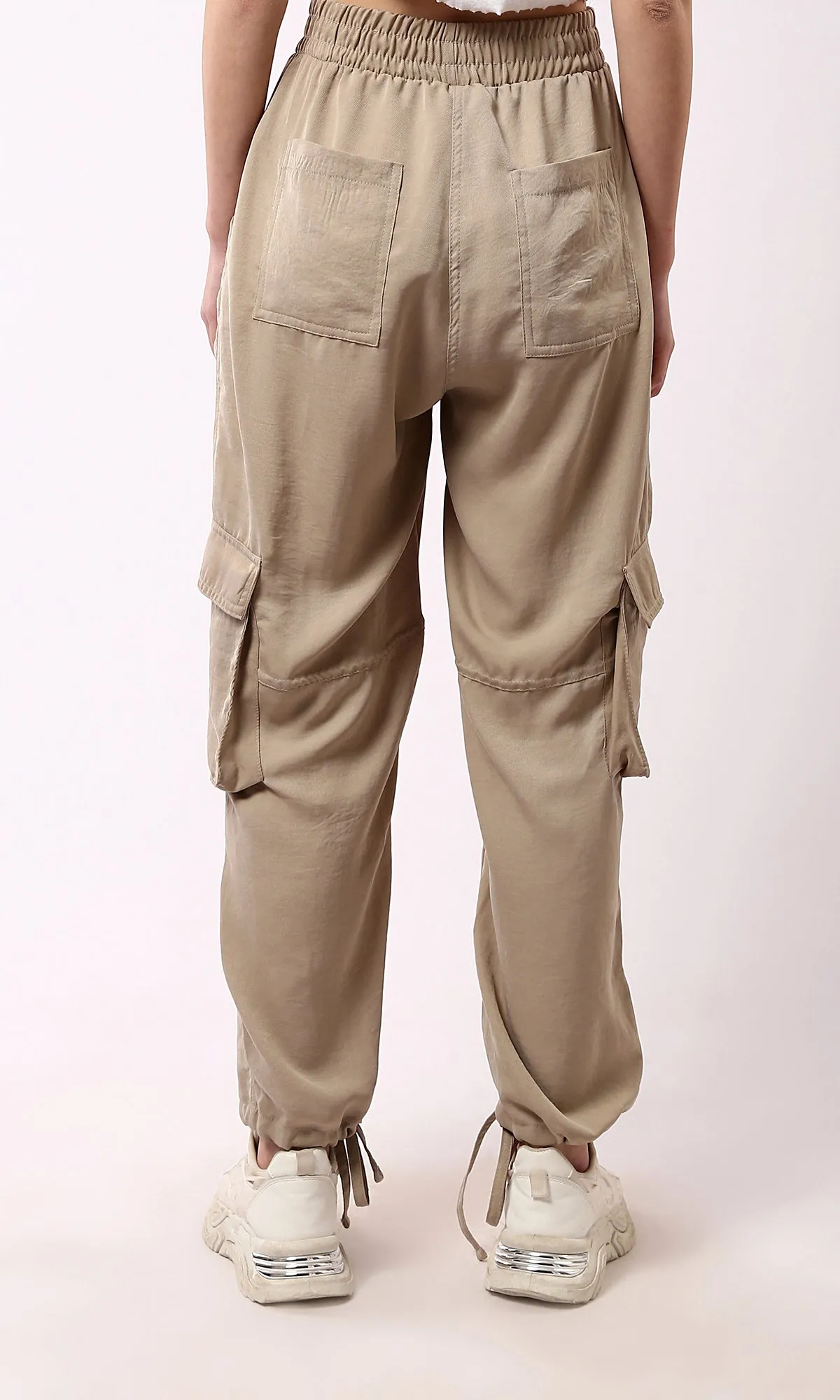 O179137 Wide Elastic Waist Dark Beige Jogger Pants