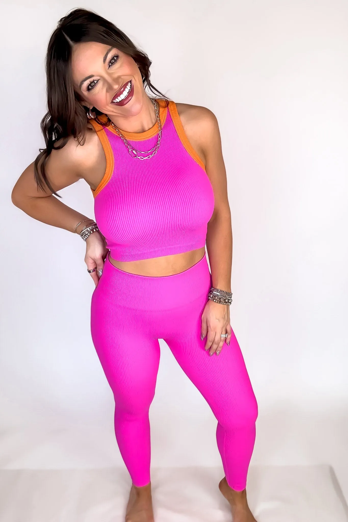 Pink And Coral Contrast Binding Rib Tank