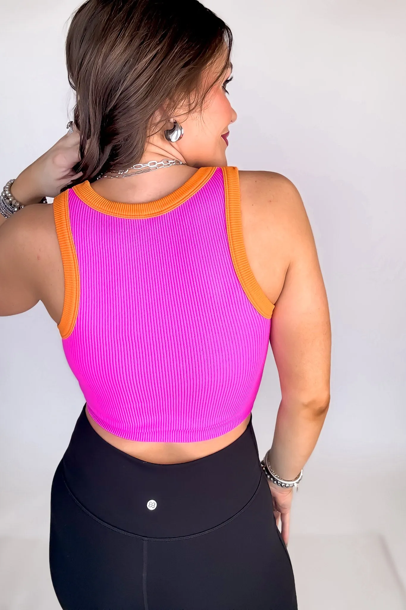 Pink And Coral Contrast Binding Rib Tank