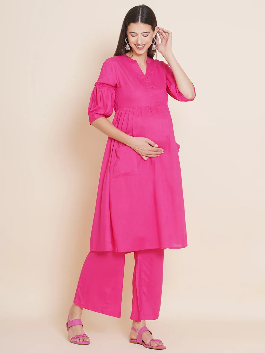 Pink Fit and Flare Maternity Kurta Set