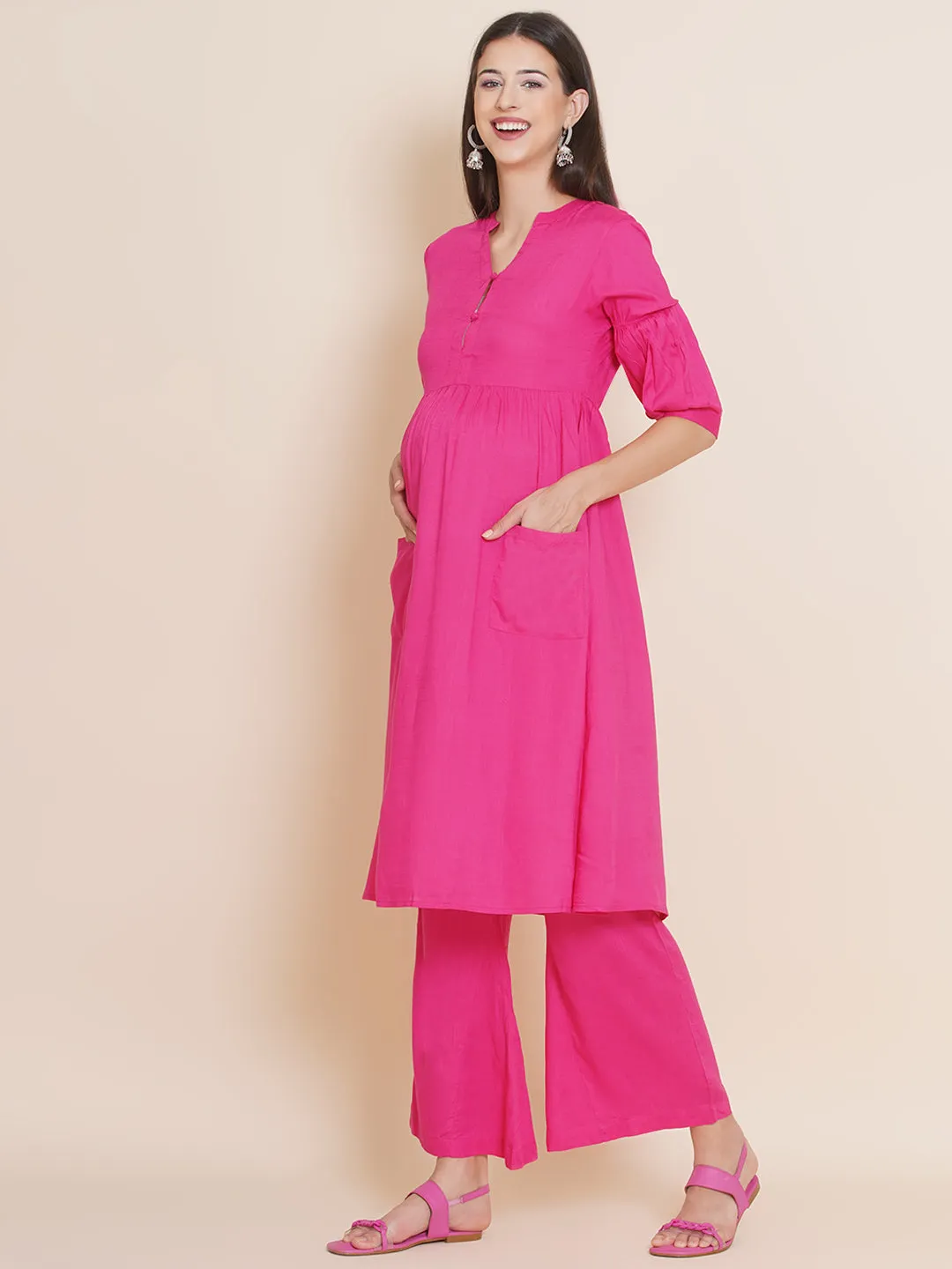 Pink Fit and Flare Maternity Kurta Set