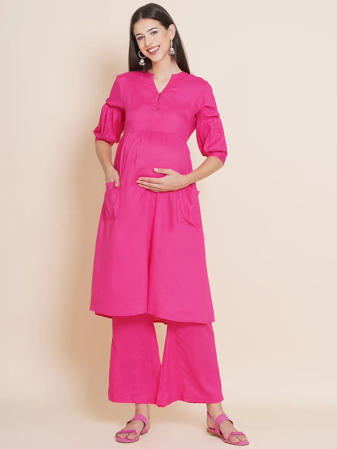 Pink Fit and Flare Maternity Kurta Set