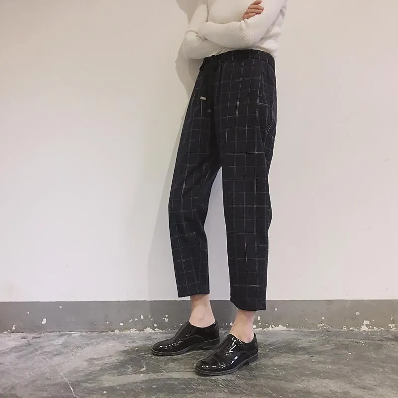 Pockets Plaid Loose High Waist Pants