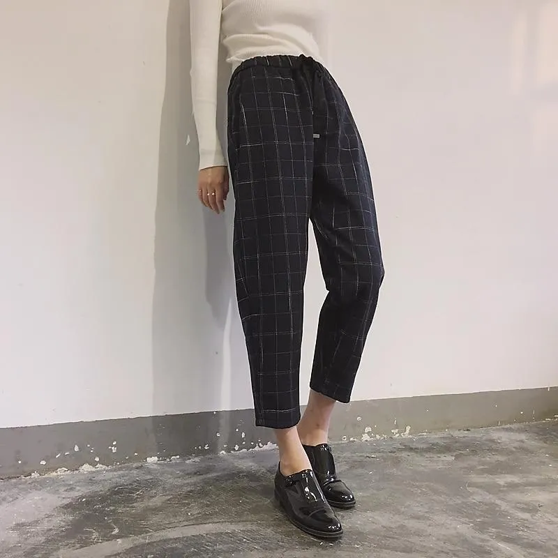 Pockets Plaid Loose High Waist Pants