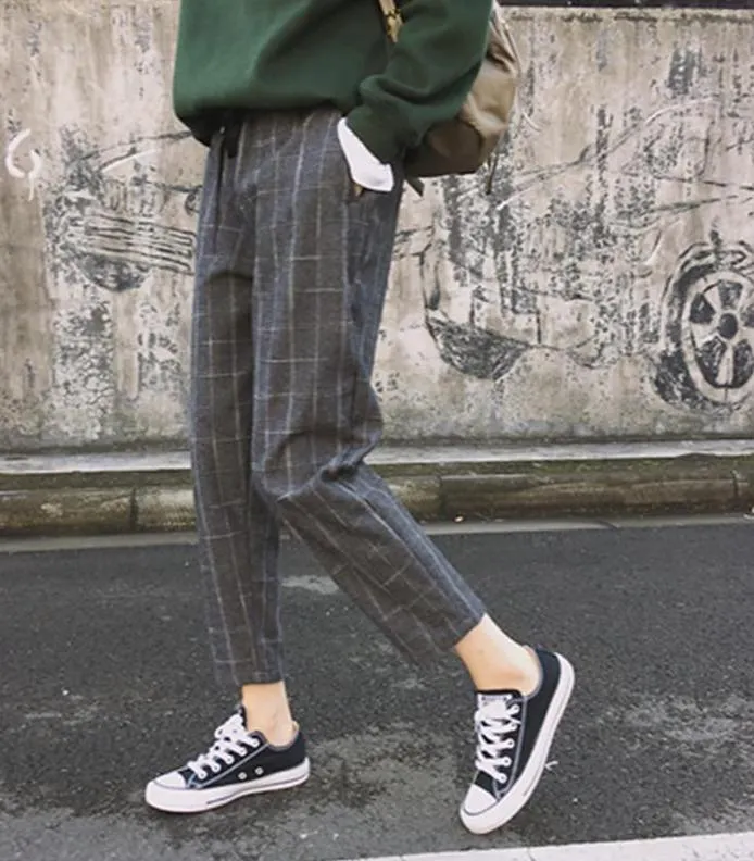 Pockets Plaid Loose High Waist Pants