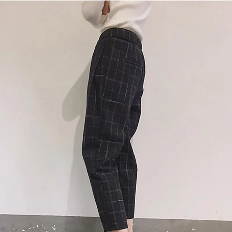 Pockets Plaid Loose High Waist Pants