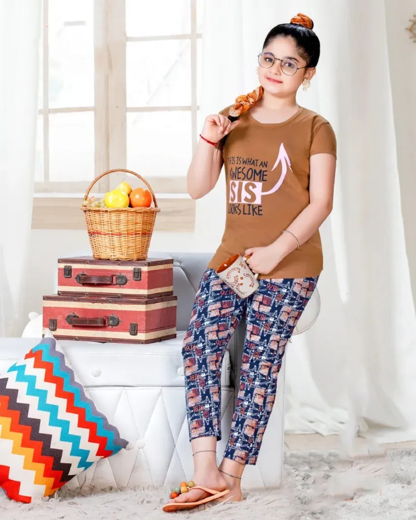 Trendy Kids Brown Printed Cotton Night Wear