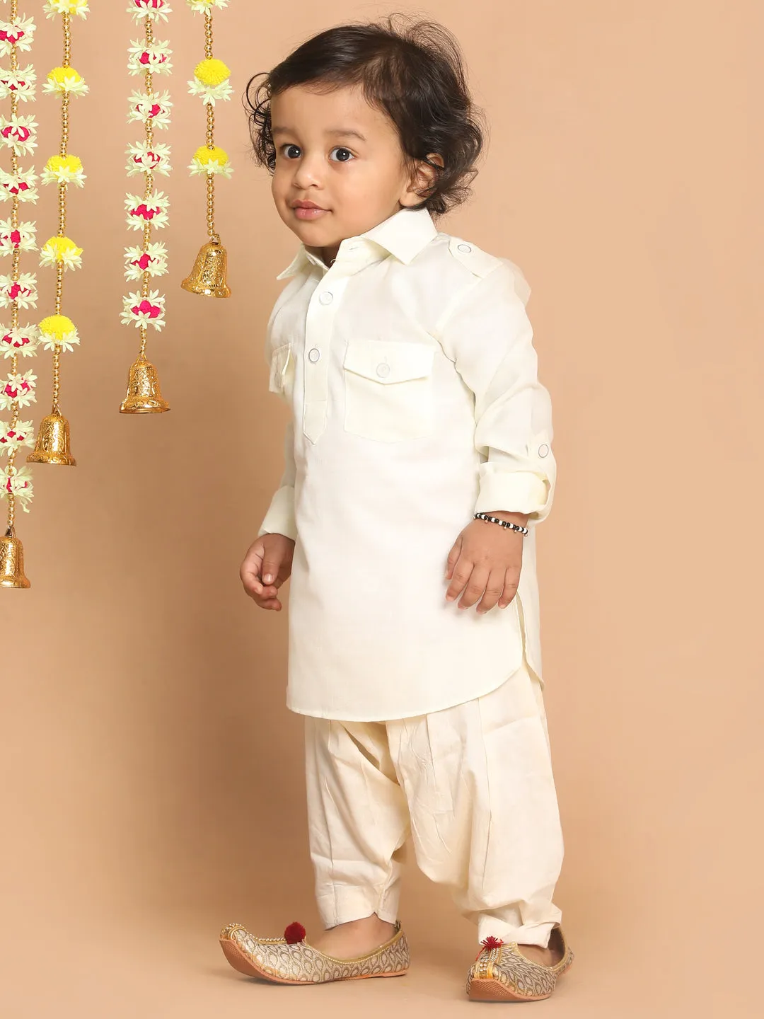 VASTRAMAY Boy's Cream Pathani Kurta With Patiala Set