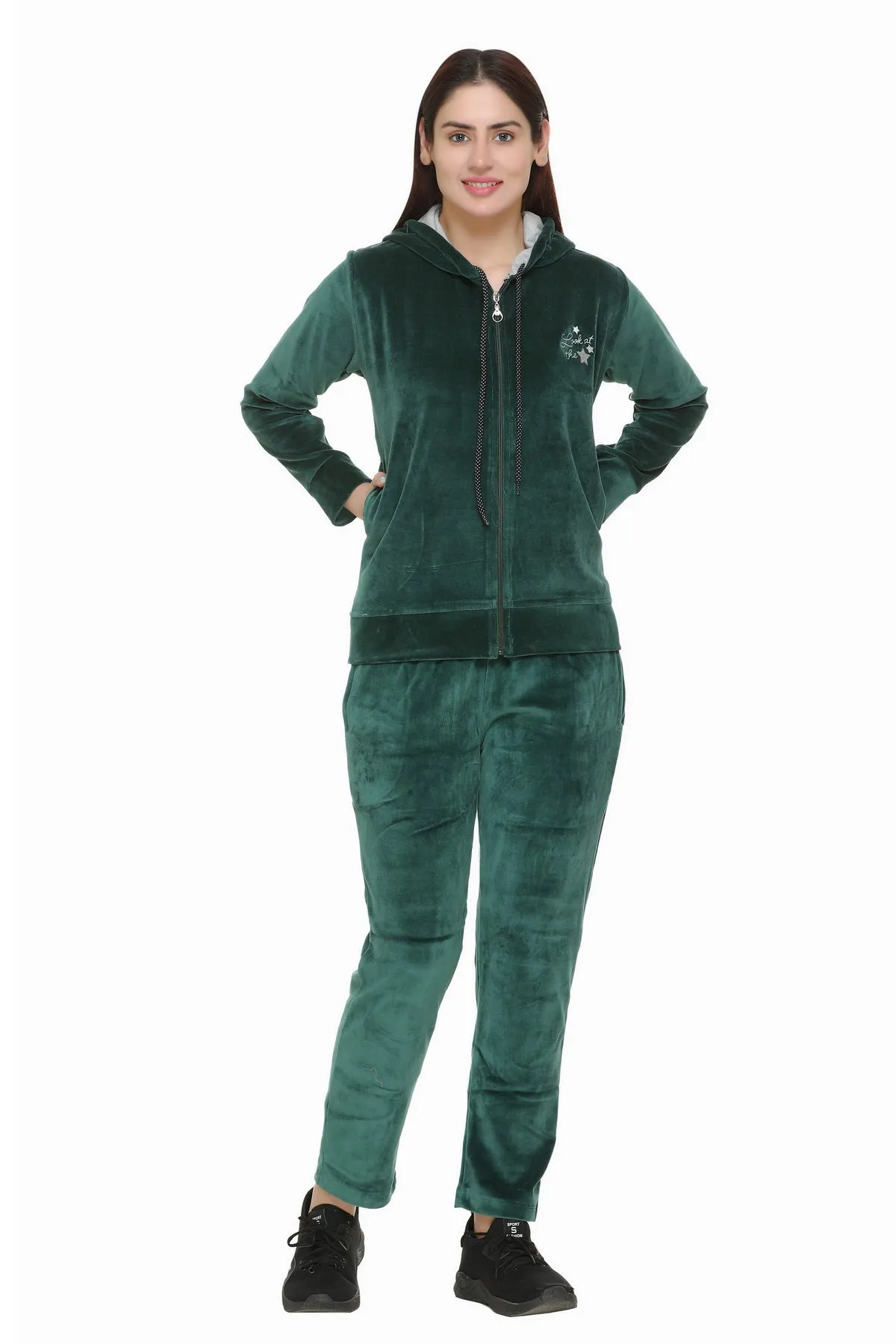 Winter Cotton Velvet Tracksuit For Women - Bottle Green