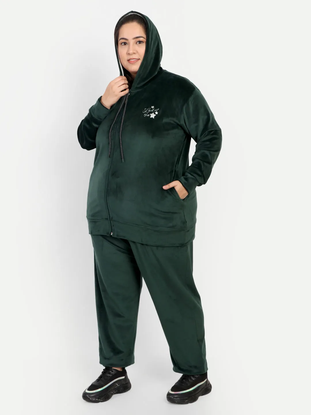 Winter Cotton Velvet Tracksuit For Women - Bottle Green